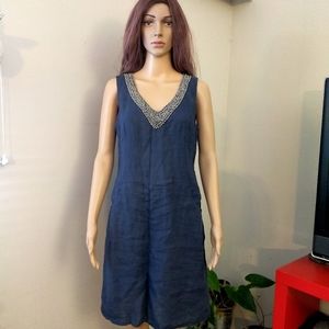 Lina Tomei Navy Blue V Neck Linen Midi Dress